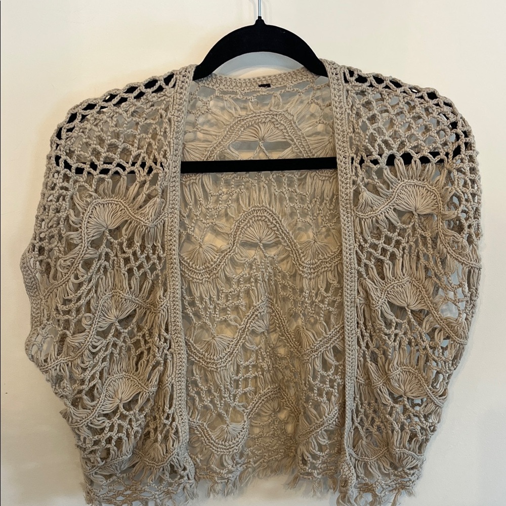Elegant Tan Crochet Open-Front Cardigan